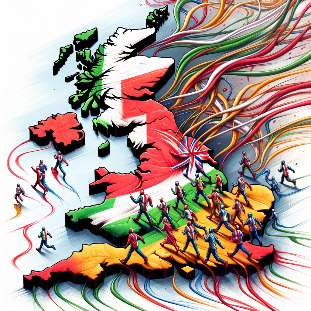 le 5 competenze che noi italiani portiamo all'estero- Una mappa dettagliata della Gran Bretagna, ben evidenziata, con una vivace rappresentazione artistica dei moderni immigrati italiani che fluiscono verso di essa.