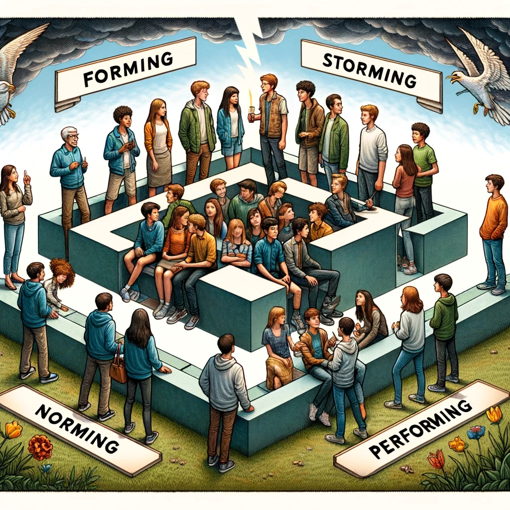 Un immagine illustrativa ed educativa che rappresenta il modello "Forming, Storming, Norming, Performing" di Bruce Tuckman con i giovani. L'immagine è divisa in quattro sezioni distinte, ciascuna rappresentante una fase del modello. La prima sezione, "Forming", mostra un gruppo di giovani eterogenei che si incontrano per la prima volta in un'atmosfera amichevole e curiosa. Il secondo, "Storming", raffigura lo stesso gruppo in una discussione dinamica, con alcuni conflitti e disaccordi evidenti. La terza sezione, "Norming", mostra il gruppo che lavora insieme in armonia, con ruoli e collaborazioni stabiliti. Infine, la sezione "Esibizione" illustra il gruppo che raggiunge in modo efficiente un obiettivo comune, simboleggiato da un puzzle completato o da una bandiera alzata. L'immagine complessiva è progettata per essere chiara ed educativa, con ogni fase rappresentata in modo distinto e creativo con i giovani.