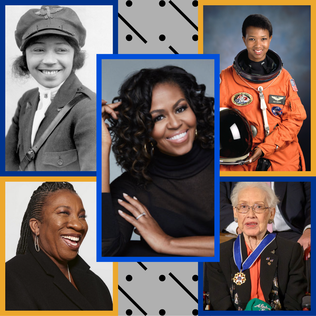 mix di foto che include le foto di Bessie Coleman, Katherine Johnson, Mae Jemison, Tarana Burke e Michelle Obama