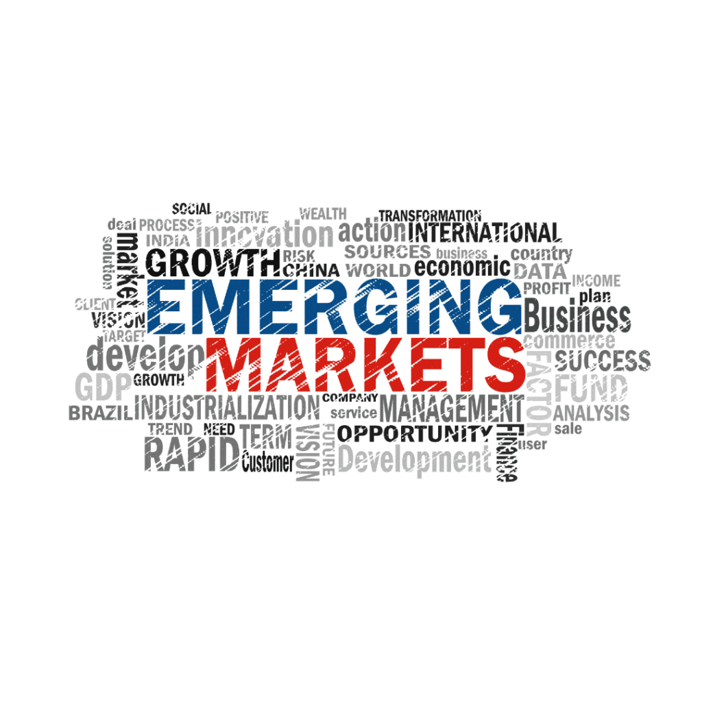 Mercati Emergenti scritto in Inglese Emerging Markets con diverse scritte in uno sfondo bianco